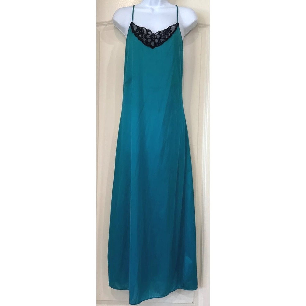 Vintage Teal Blue Nylon Maxi Nightgown Black Lace Butterfly Bead Accent Sz Small